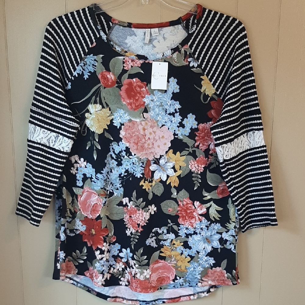 J/M Sportswear Women's L Floral and Striped Women's Blouse New With Tag